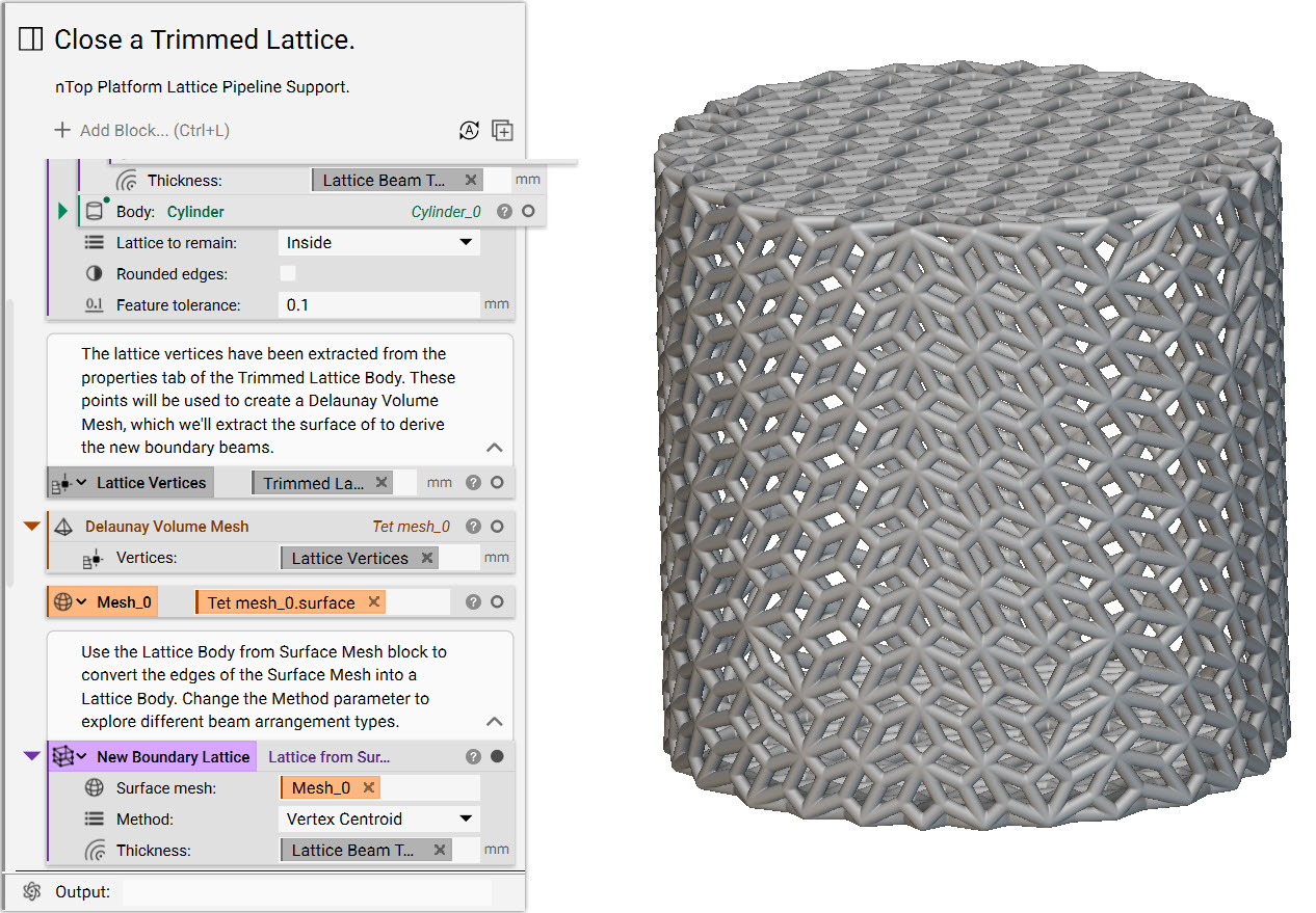 A surface lattice generated from the Lattice from Surface Mesh block.
