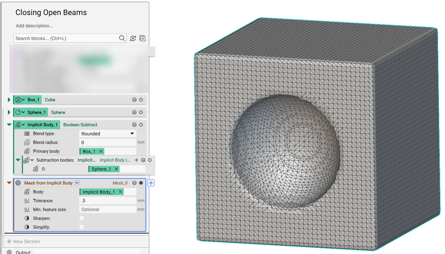 A mesh is created using the cube with half sphere cutout.