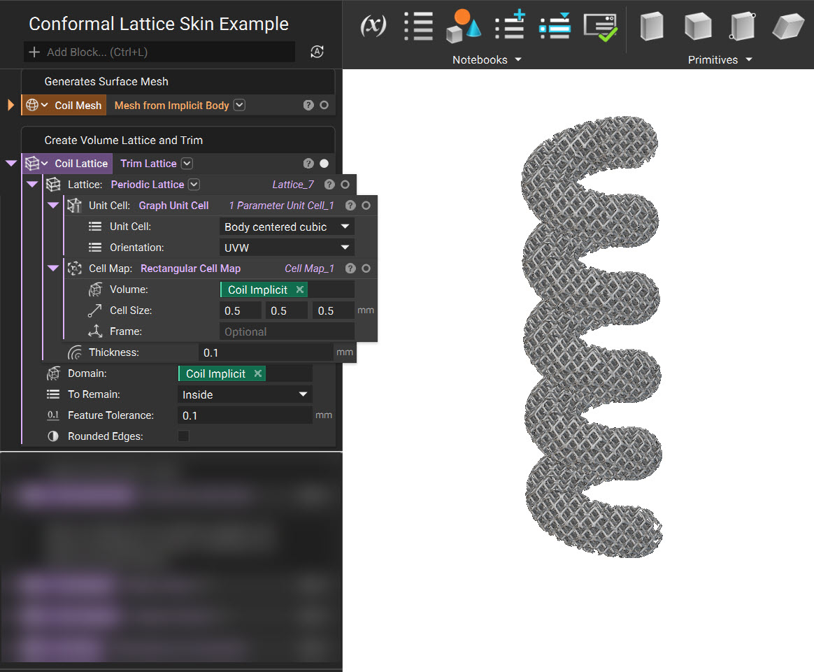 A periodic lattice is generated to create the volume lattice structure for the body. Then the lattice is trimmed to fit inside the Coli Implicit domain.