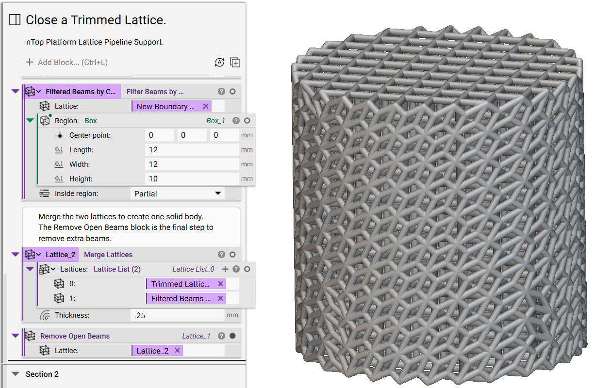 Using the Merge Lattices block to combine the surface lattice with the interior volume lattice.