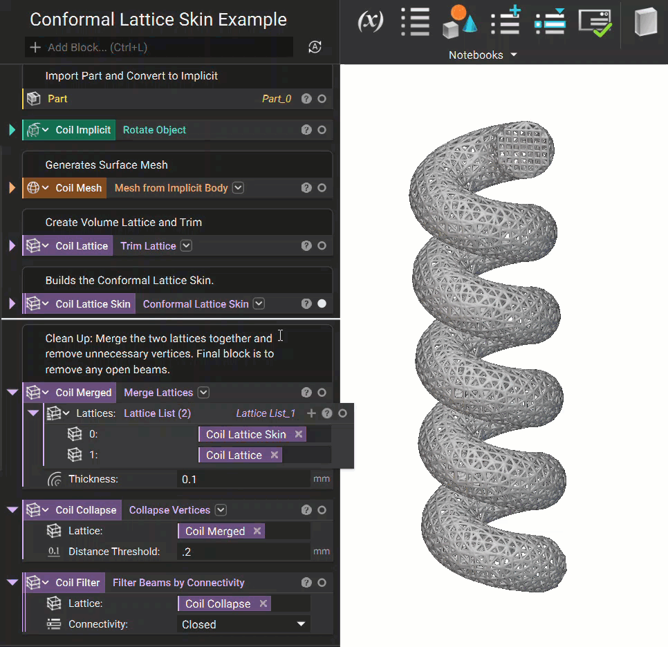 The gif below shows how to use the Merge Lattices block to combine the surface and volume lattices into one. Then the Collapse Vertices block is used to simplify the lattices and remove unnecessary vertices. Finally the Filter Beams by Connectivity block is used to remove any unconnected beams.