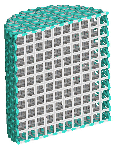 A cylinder that has been cut in half to show its internal and external lattice structure.
