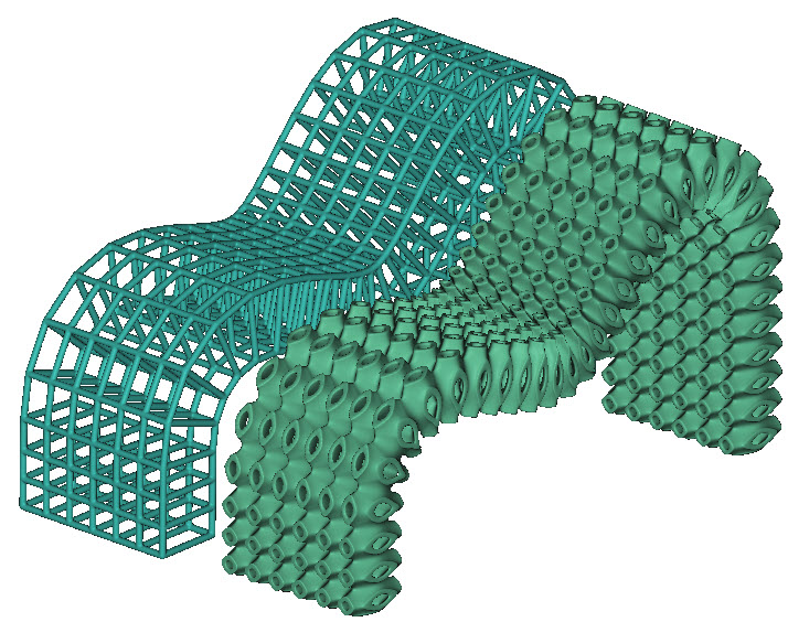 Two examples of conformal surface lattices generated using the quad mesh approach.
