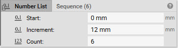 A Sequence block set up to create a list of 6. The Sequence starts at 0mm and ends at 12mm.
