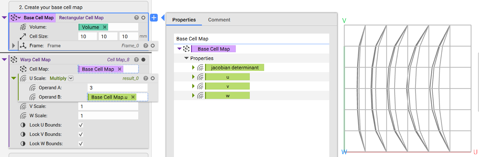 Using the Warp Cell Map block to modify the cell map in the U direction.