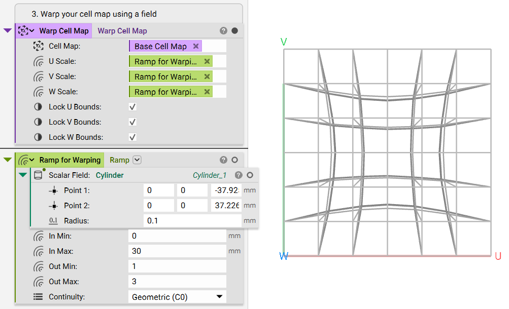 Using the Warp Cell Map block to modify a cell map in all directions. The field used to warp the cell map is created using a Ramp block.