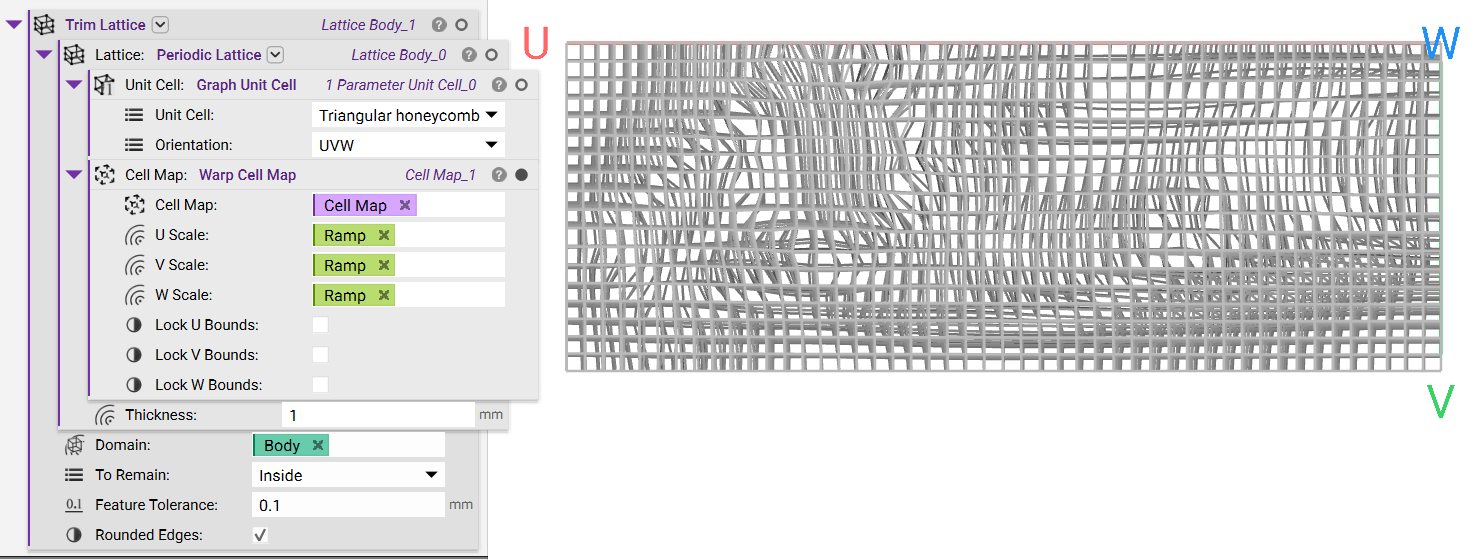 Creating the periodic lattice using the warped cell map. The warped cell map is visualized to show the effects of the density modifier.