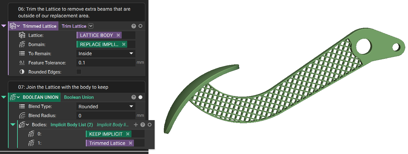 Use a Boolean Union block to merge the trimmed lattice with the original CAD frame.