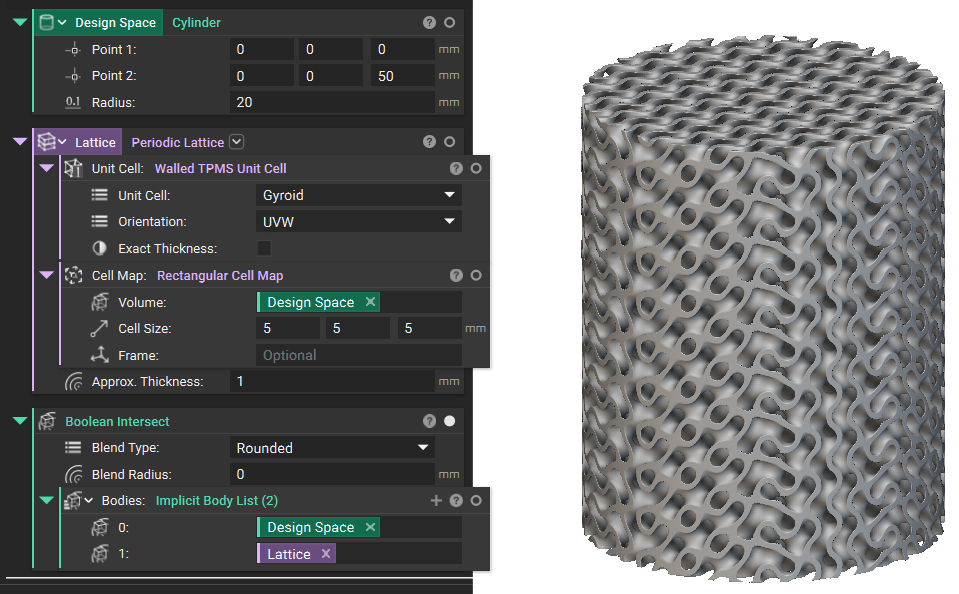 the image shows the design space created using a cylinder block, a lattice structure created with gyroid unit cell and periodic lattice block with Boolean intersect in the end to trim it.