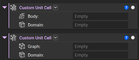 The custom unit cell block has either an Implicit Body input or a Graph input depending on which overload is selected.