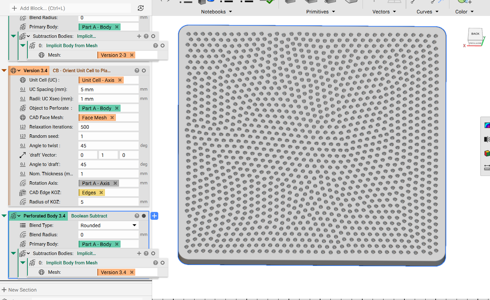The final implicit body with the unit cells subtracted from the surface.