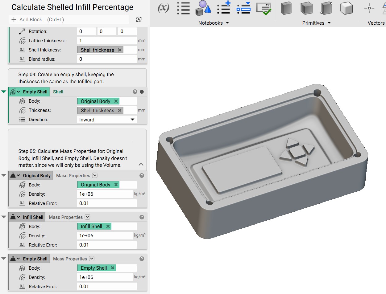 Use the Mass Properties block on the original implicit body, the shelled body, and the shell and infill body.