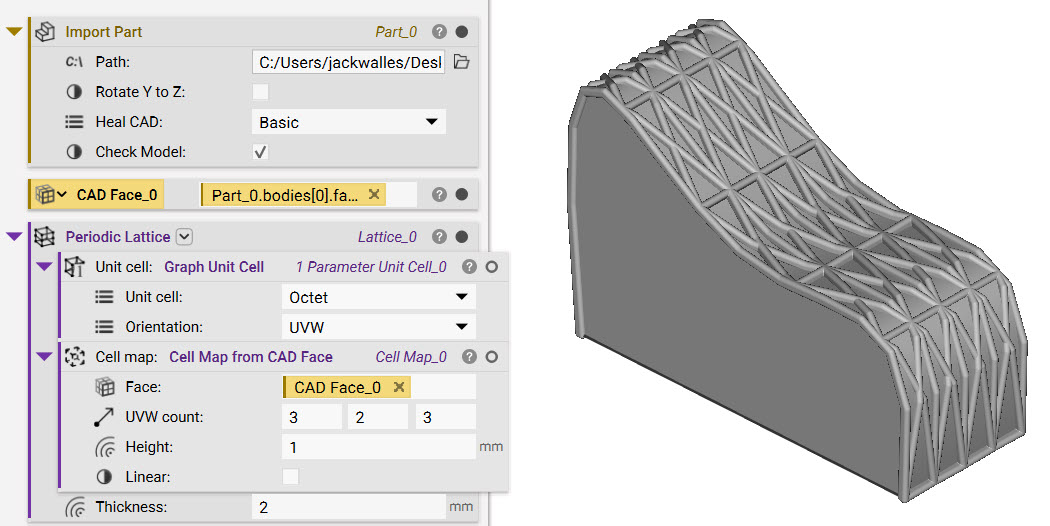 A periodic lattice that is conforming to the imported CAD Body. The unit cell size is not equal due to the curvature of the CAD body