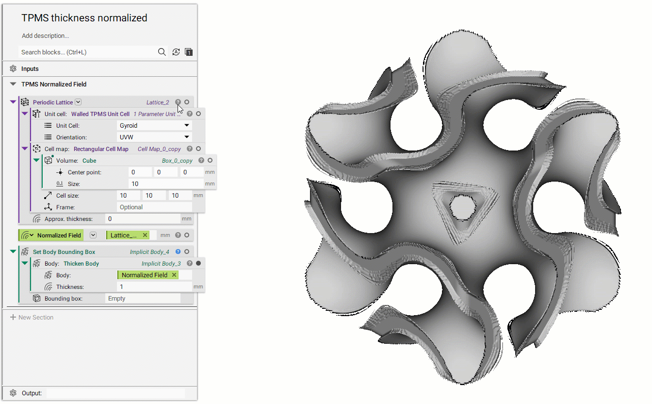 Creating the normalized TPMS by applying a bounding box to the thickened normalized field.
