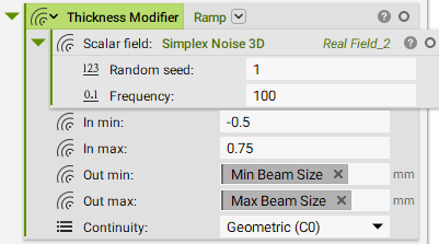 A Simplex Noise 3D block in the Scalar Field input of a Ramp block. This modifies the Simplex Noise 3D field based on the input values.