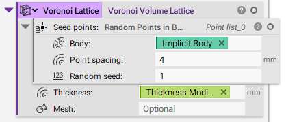 A Voronoi Volume Lattice block. This creates a voronoi lattice using points inside the body. The beam thickness is modified by the Ramp field created in step 2.