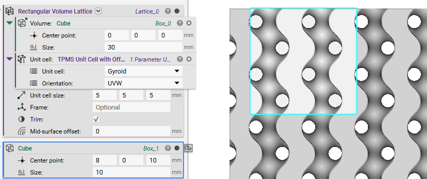 A rectangular volume lattice with a TPMS unit cell. There is also a cube block used to highlight a specific section of the TPMS