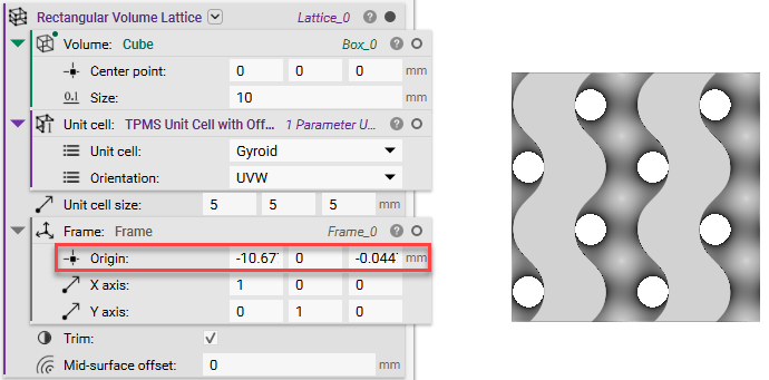 A rectangular volume lattice with a TPMS unit cell. The image is highlighting the origin point of the Frame input.
