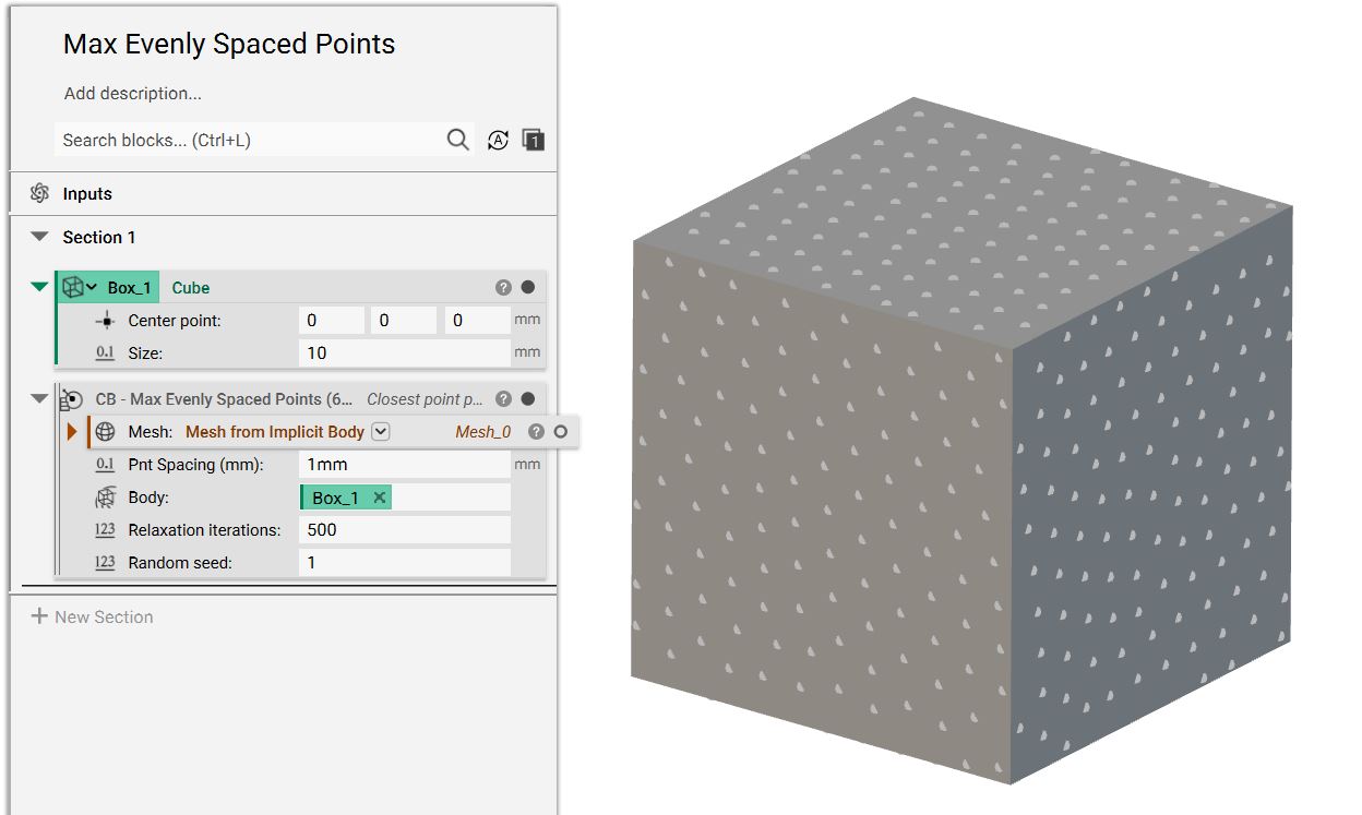A cube with many points on its surface generated from the Max Evenly Spaced Points custom block
