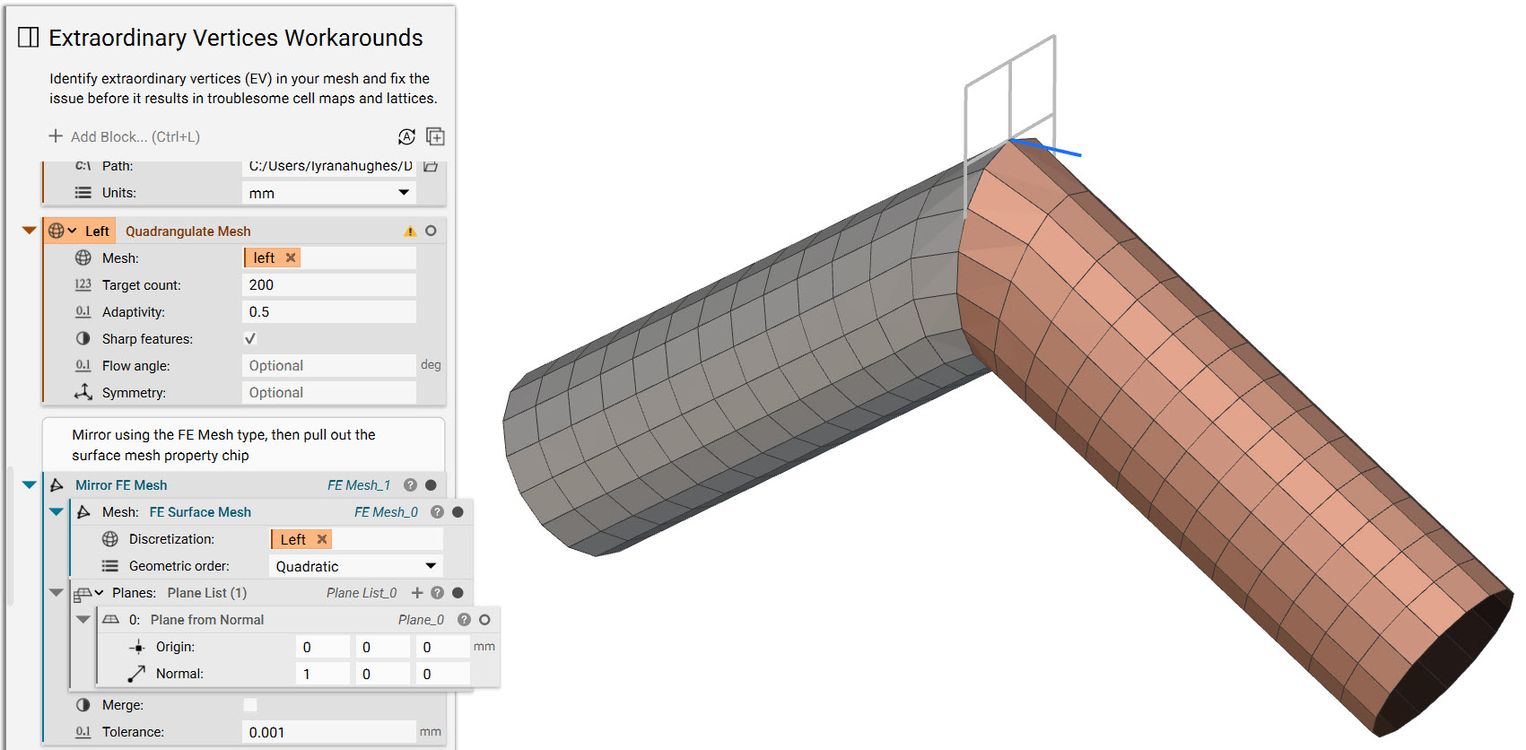 The quadrangulate mesh mirrored over a plane