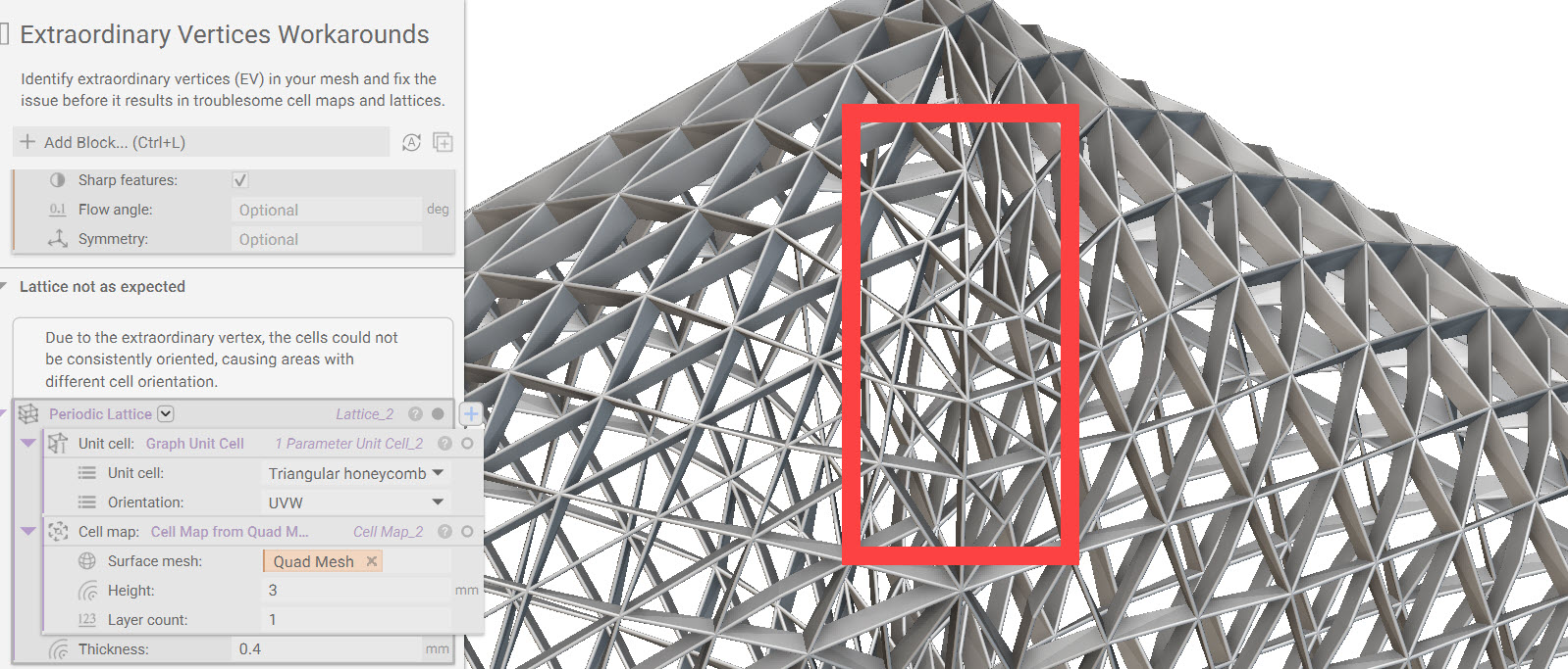 An image of a periodic lattice that has extraordinary vertices. The extraordinary vertices are highlighted to show how they cause irregularities in the lattice