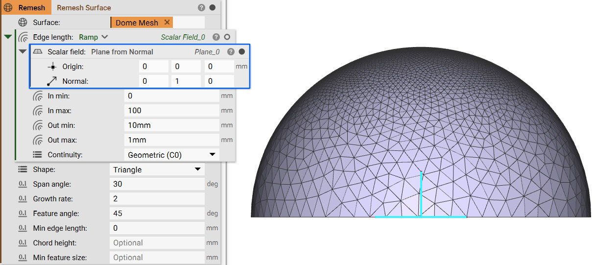 A meshed dome that has it's edge length varied in size using a ramp block