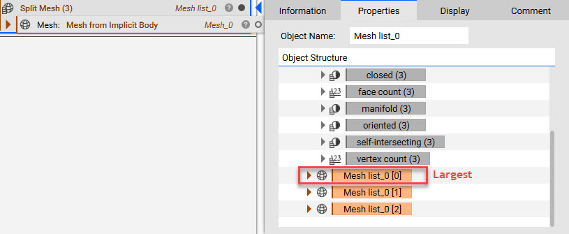 A split mesh properties panel that highlights the largest mesh in the mesh list