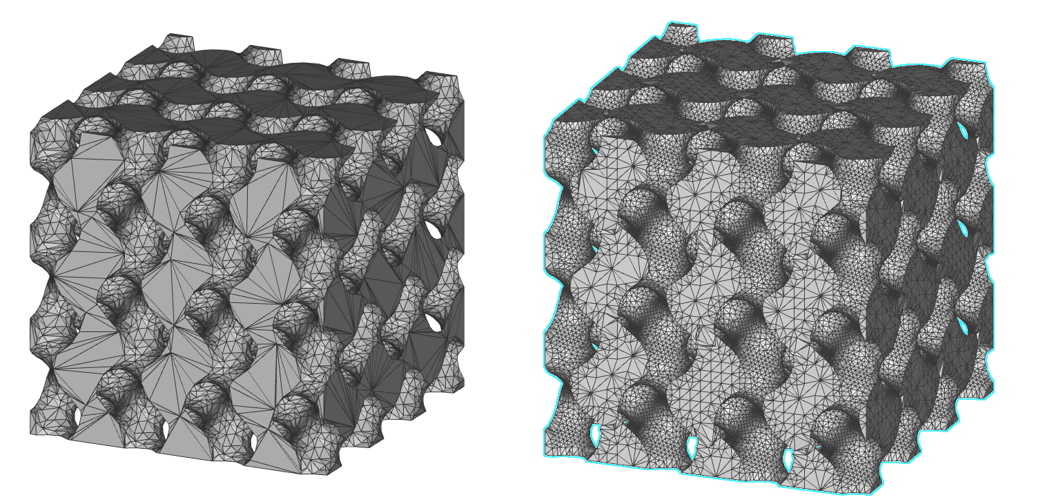Left: Mesh from Implicit Body with sharpening and simplification option enabled. Right: Mesh from Implicit Body by DC with adaptivity set to 0.5.