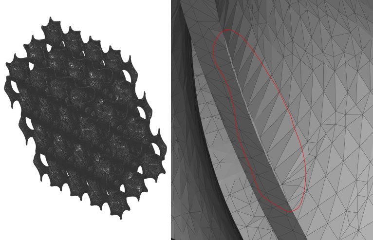 Mesh from Implicit Body (with extents). Left: Full mesh. Right: Zoomed in on edge, encircling thin elements.