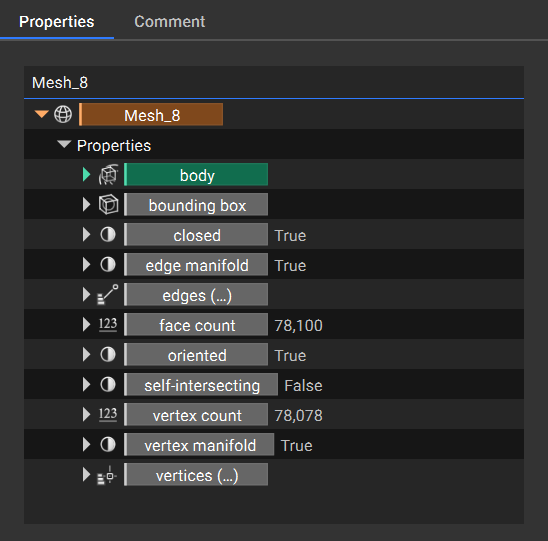 An example properties panel of a mesh.