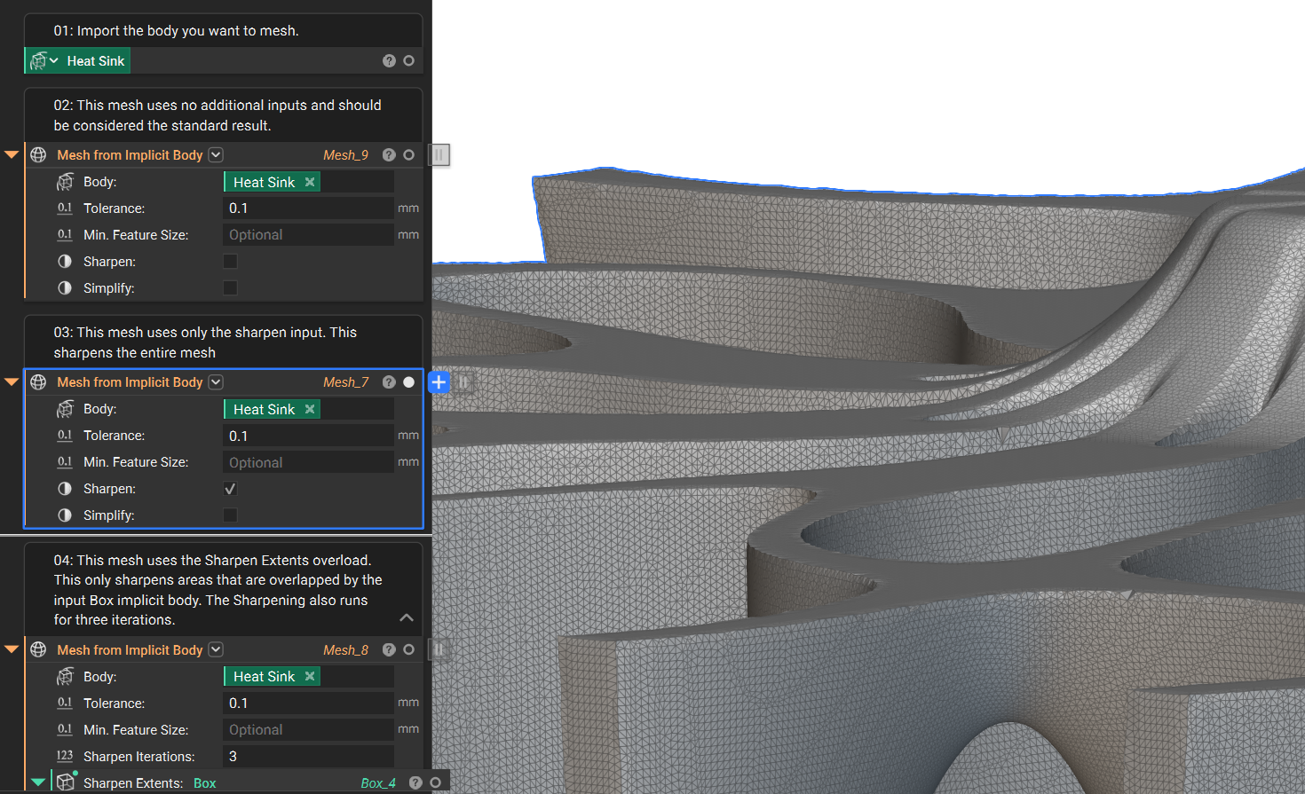 A mesh generated from the Mesh from Implicit Body block with Sharpen enabled.