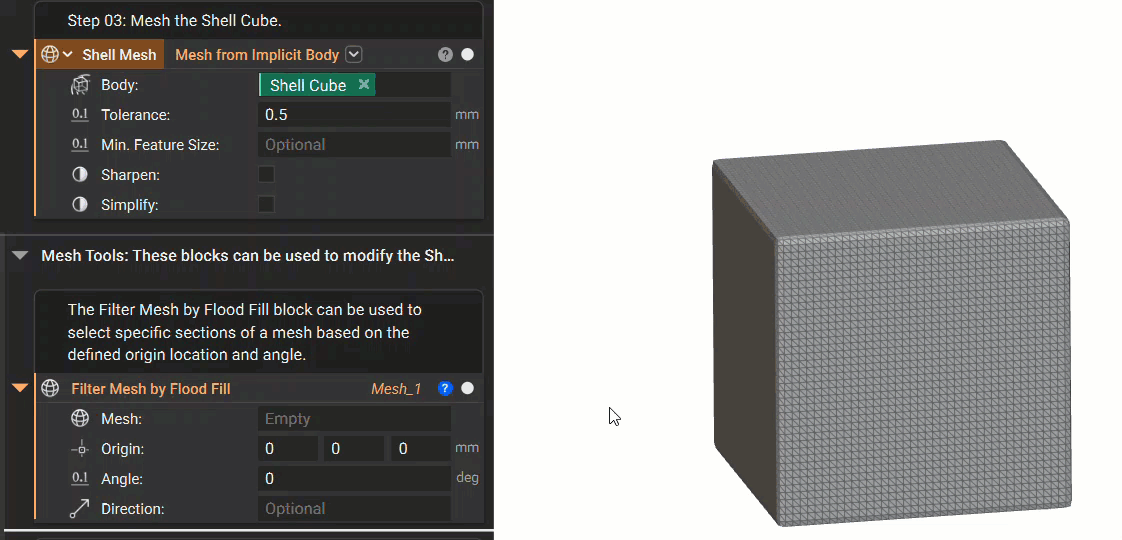 Use the Filter Mesh by Flood Fill block to select portions of a larger mesh. The angle and origin location control how much of the mesh is selected.