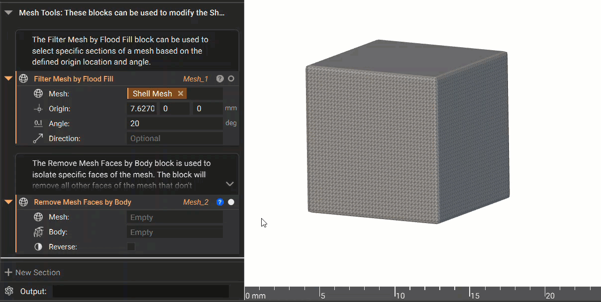 Using the Remove Mesh Faces by Body block, we can remove the face where the Filter Cube is overlapping.