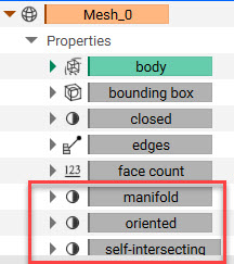 An image of a mesh properties panel with the manifold, oriented, and self intersections properties highlighted