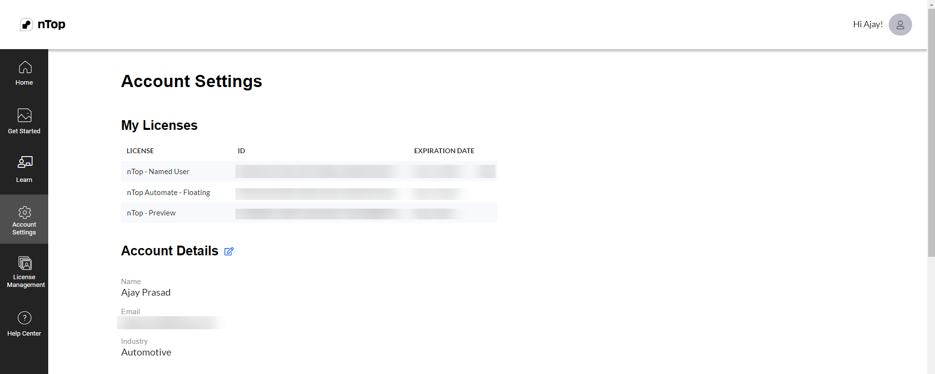 Account Settings tab of a user account on app.ntop.com.