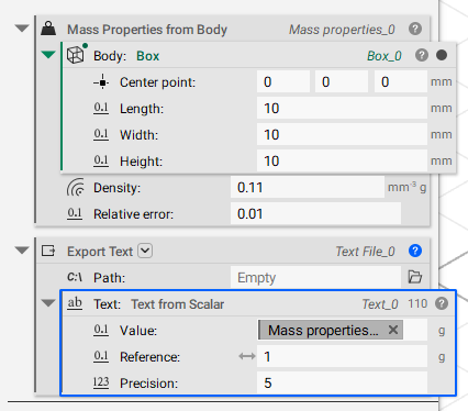 An example showing how to export a mass properties value as text using the Text from Scalar block and Export Text block.