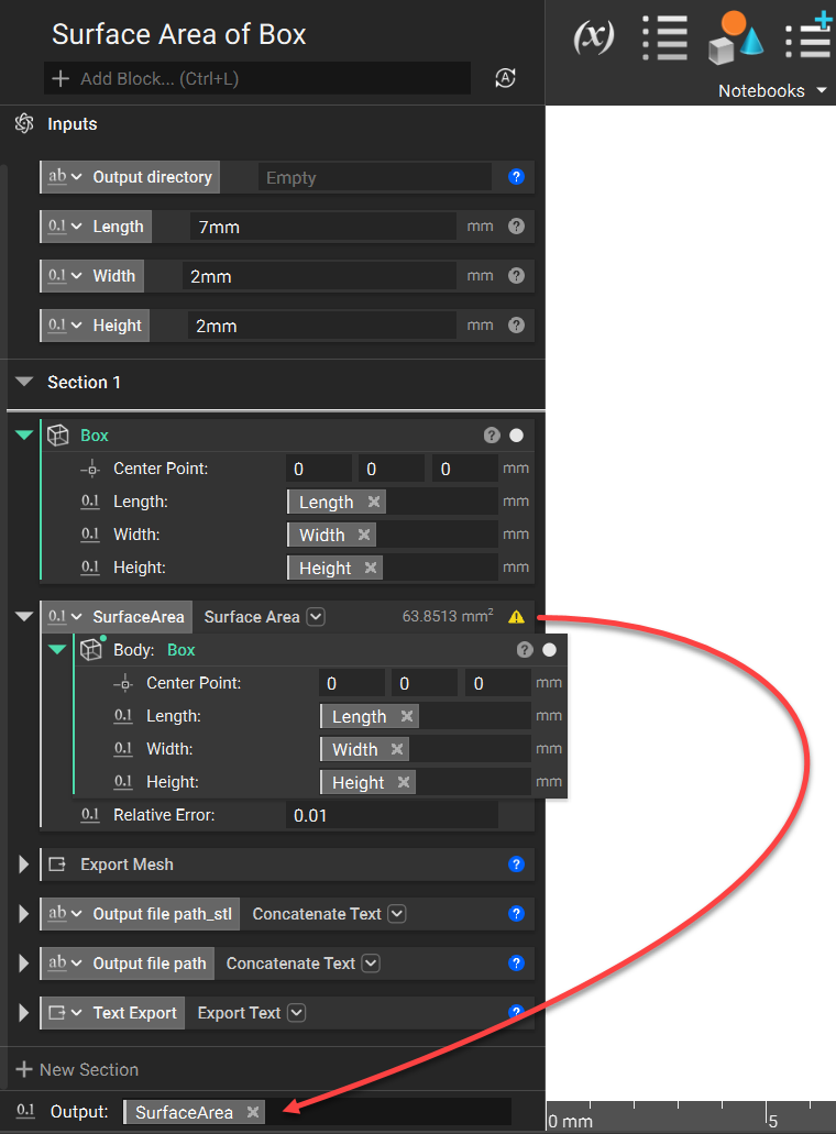 Use the Surface Area variable as the output for the notebook.