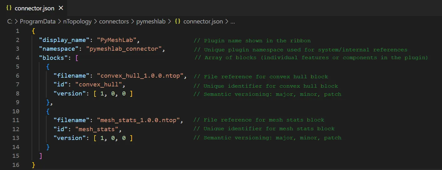 An example JSON file for the connector PymeshLab.