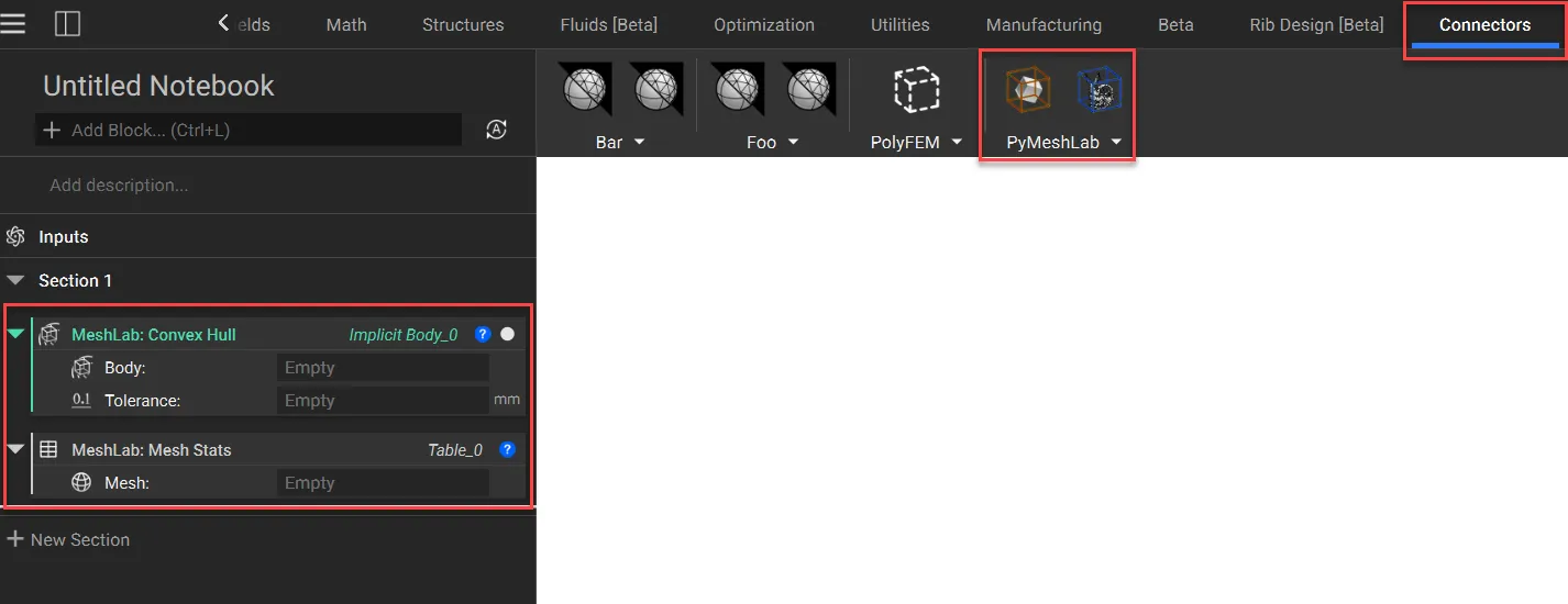 Once your connector is set up correctly, the Connectors tab will be present in the nTop user interface.