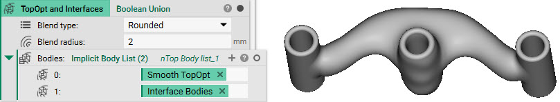 Using a Boolean Union block to combine the 3 hole implicit body with the Smoothened Implicit Body result of the Topology Optimization.