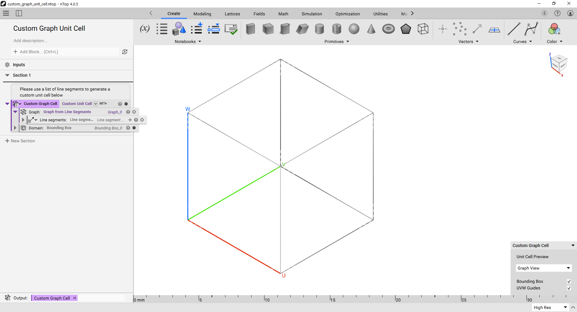 A Custom Unit Cell block with a Graph from Line Segments block inside. The unit cell is defined by a bounding box shown in the viewport.