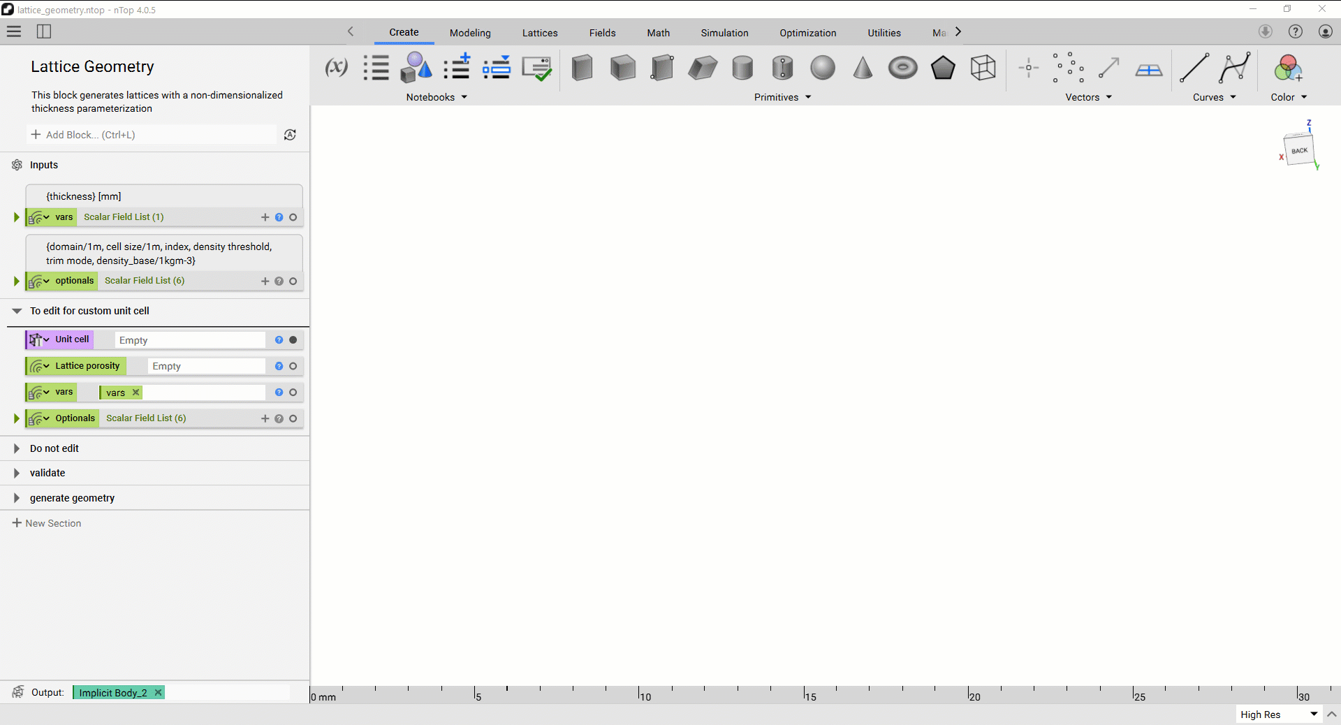 Import the custom_unit_cell.ntop file and insert it into the Unit Cell variable block. Import the lattice_porosity.ntop file and insert it into the Lattice porosity variable block. The default scalar field list blocks are deleted from the vars and optionals inputs of the Lattice Porosity block. Insert the notebook variable vars and Optionals blocks into the Lattice porosity block.