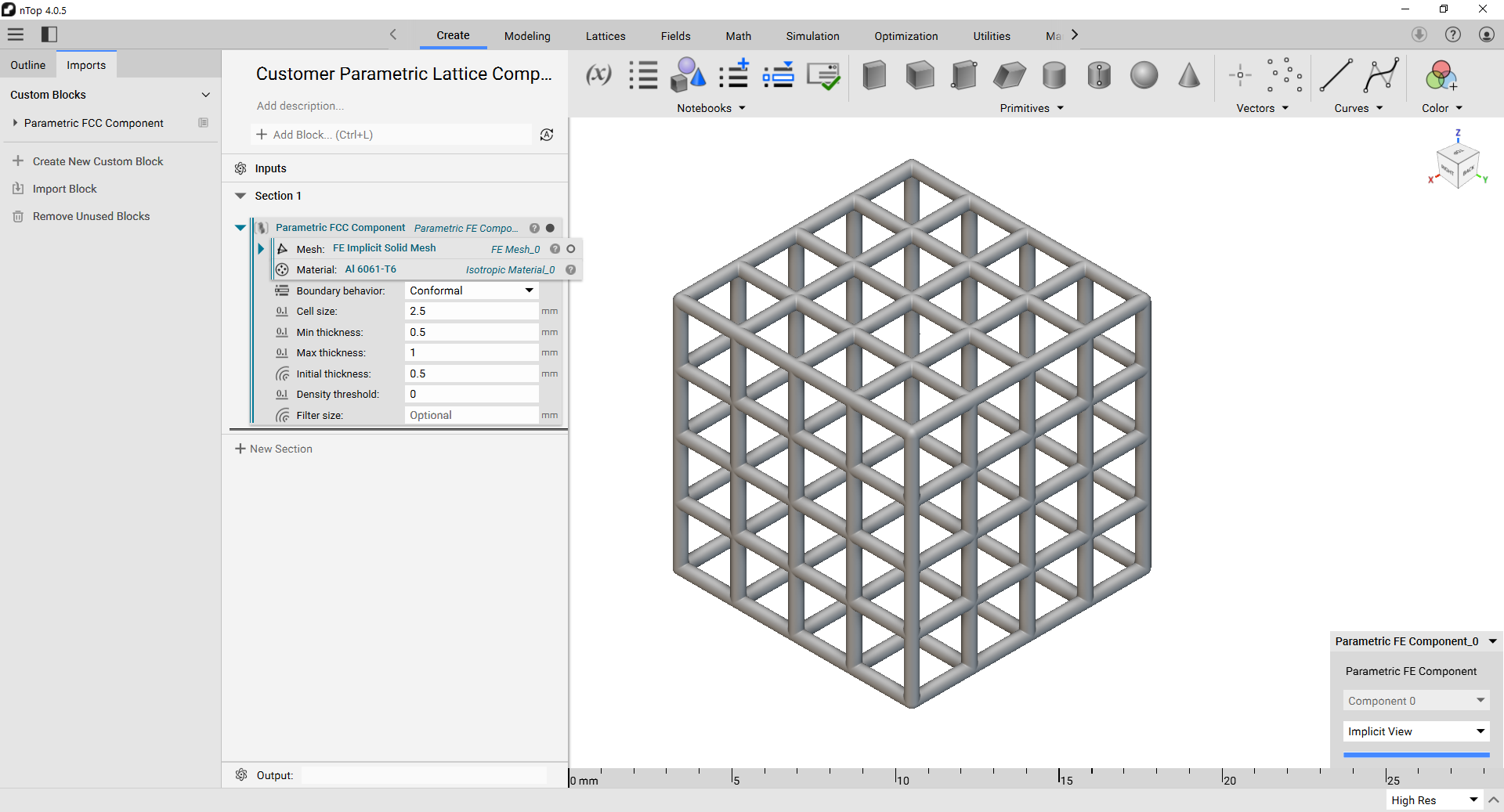 The my_parametric_component.ntop file imported into nTop and the resulting lattice structure.