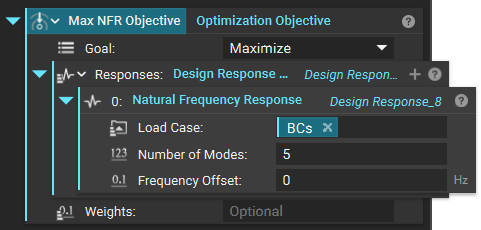 An example of how to set up an Optimization Objective with a Natural Frequency Response block. This set up is intended to maximize the natural frequency response.