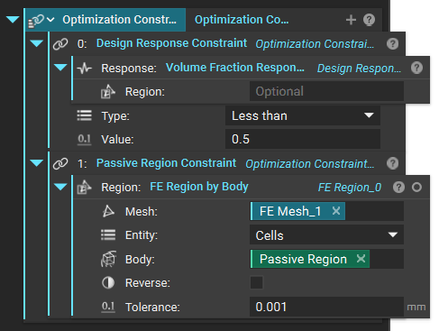 Optimization Constraint list for the Modal Analysis. This list includes a Design Response Constraint and a Passive Region Constraint. The goal is to maximize the natural frequency response while reducing the volume by 50%.