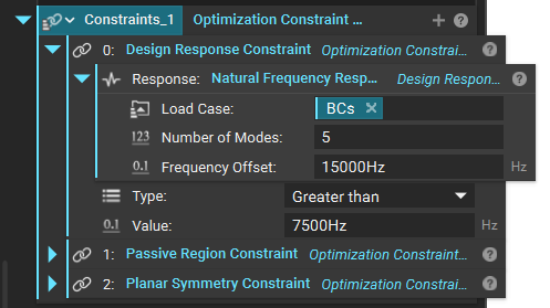 An Optimization Constraint list containing a Design Response Constraint, a Passive Region Constraint, and a Planar Symmetry Constraint.