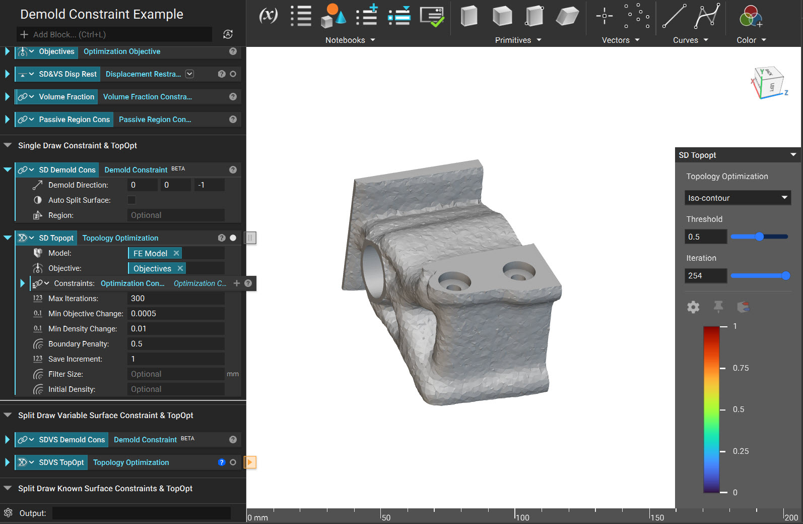 A topology optimization that was run using a Demold Constraint that was setup for a Single Draw mold.