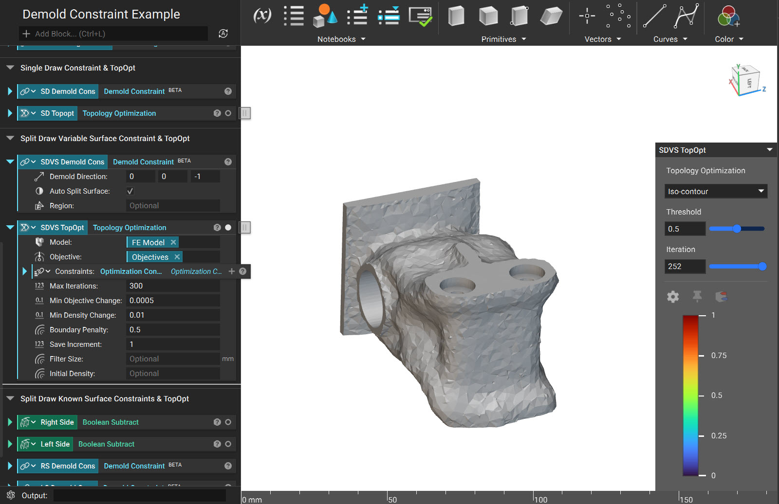 A topology optimization that was run using a Demold Constraint that was setup for a Split Draw Variable Surface mold.