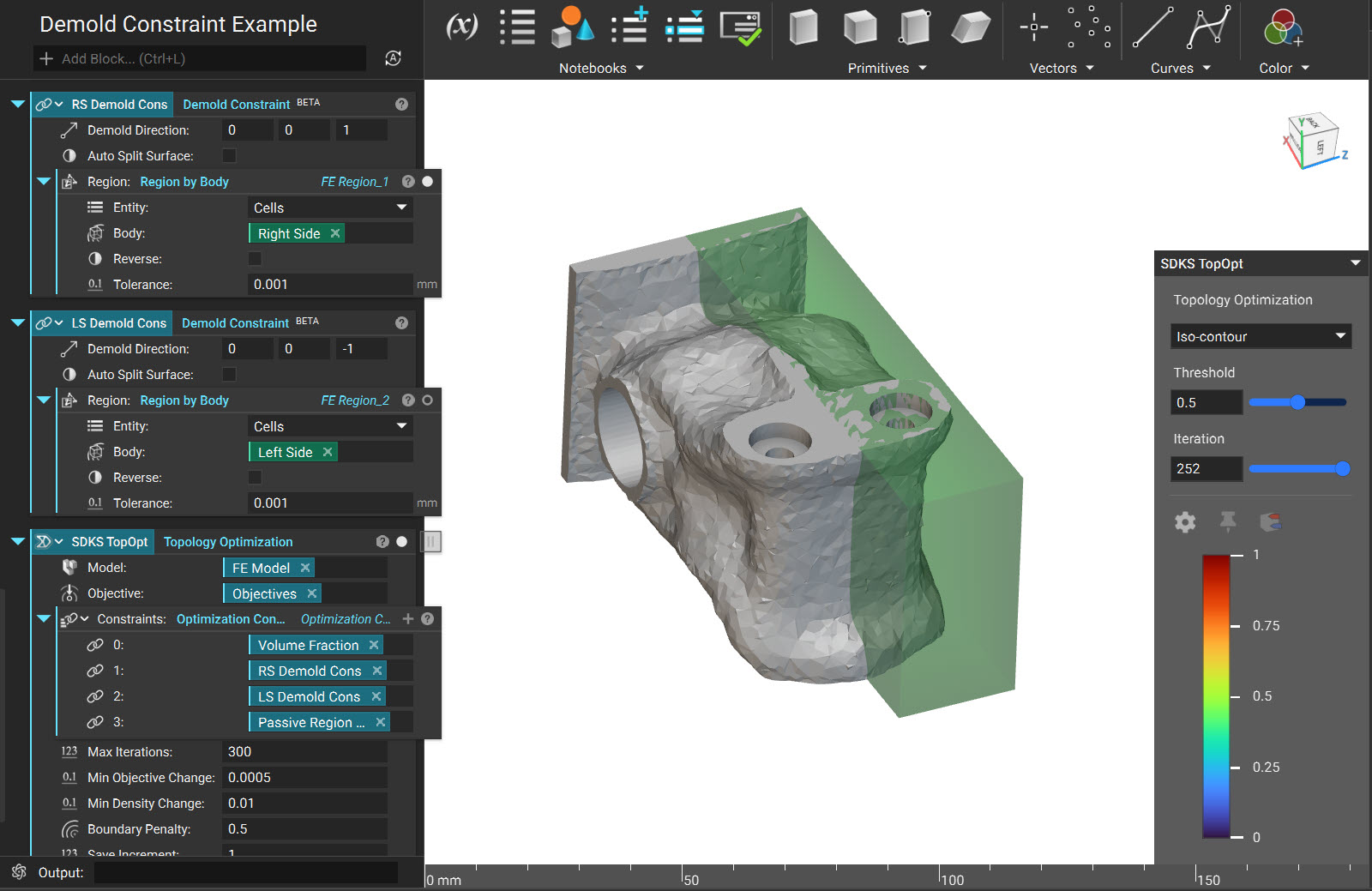 A topology optimization that was run using a Demold Constraint that was setup for a Split Draw Known Surface mold.
