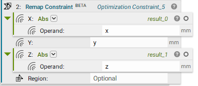 The Remap Constraint block with an Abs block in its X input, a value of y in its Y input, and an Abs block in its Z input. The Abs block in the x input, has x in its Operand input. The Abs block in the Z input, has z in its Operand input.